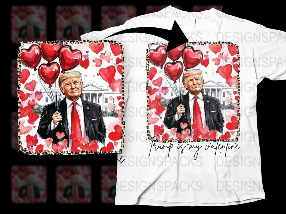 Trump holding heart balloons with 'Trump is my valentine' text, print-ready design for t-shirts