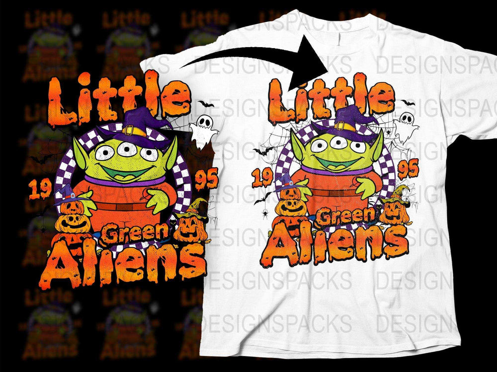 Halloween alien t-shirt design with green alien in witch hat, pumpkins, ghosts, and 'Little Green Aliens 1995' text