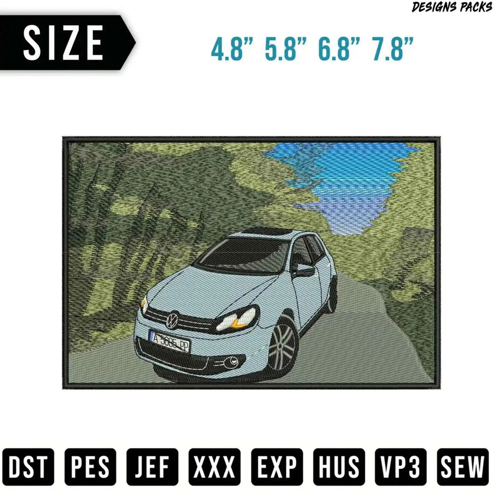 Light blue Volkswagen Golf embroidered patch with size options and file formats.