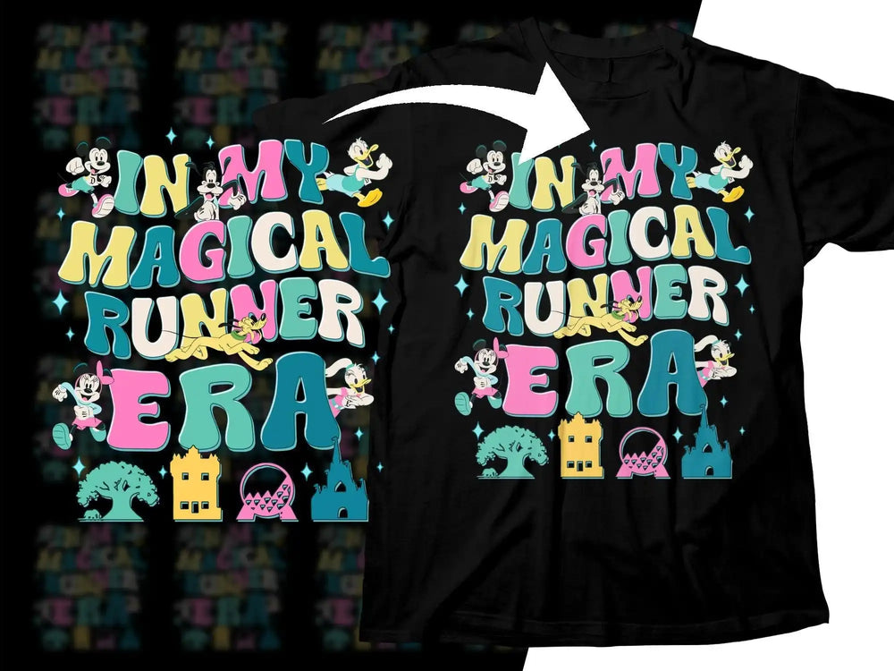 Black t-shirt with colorful 'In My Magical Runner Era' design featuring Disney characters and icons.