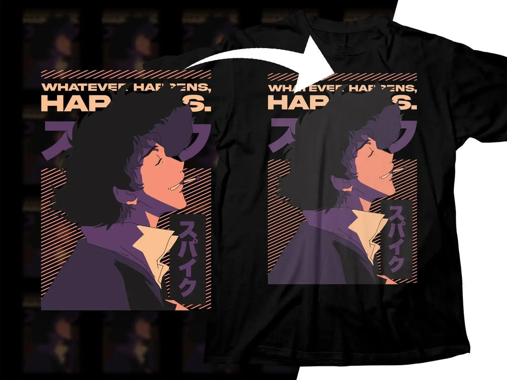 Anime character Spike design on black t-shirt with 'Whatever Happens' text and Japanese script
