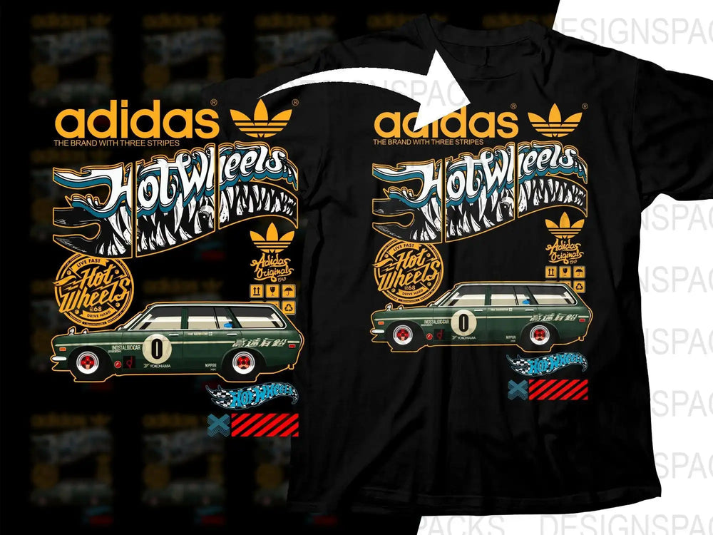 Adidas x Hot Wheels retro car t-shirt design, print-ready PNG for DTG/DTF, vintage racing graphic
