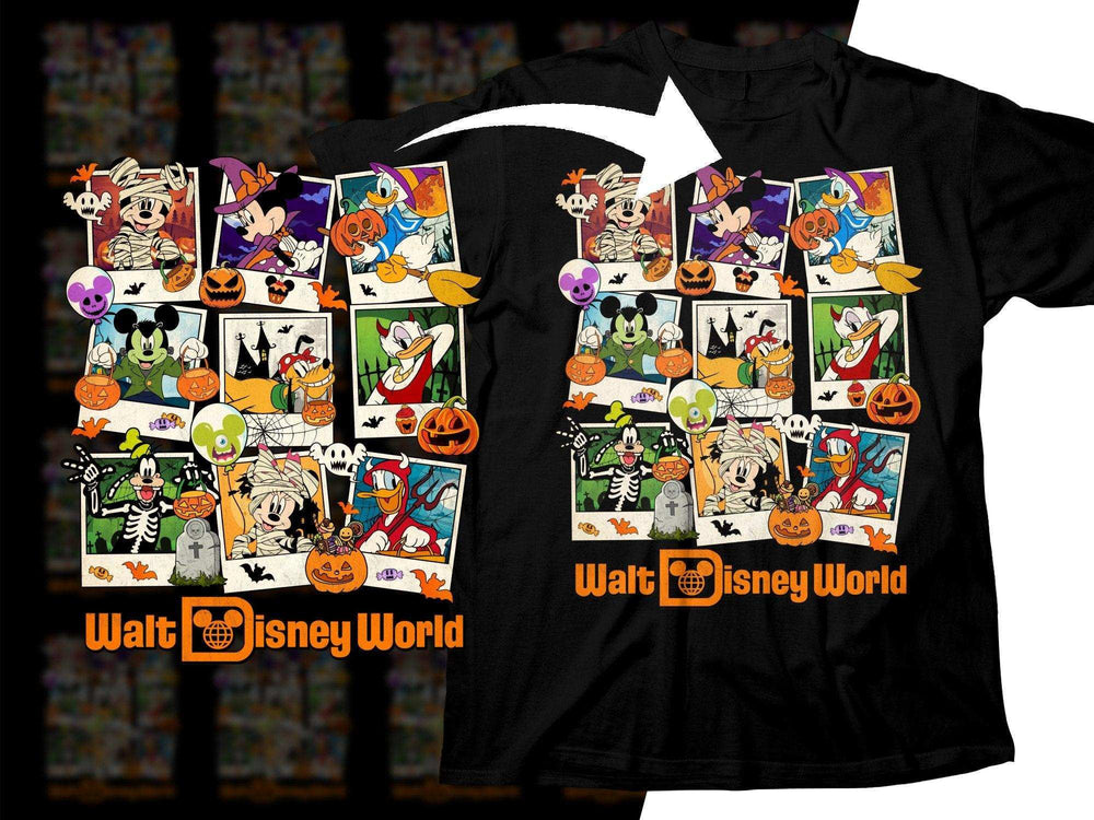 Halloween-themed Disney characters on black t-shirt with Walt Disney World logo