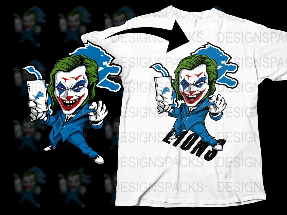 Joker in blue suit holding Lions card, printed on white t-shirt with team logo