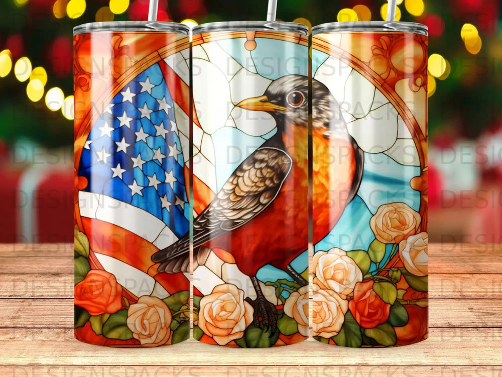 Robin in front of stained glass American flag with roses.