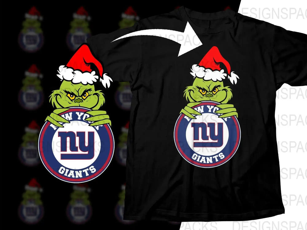 Grinch in Santa hat holding NY Giants logo, print-ready design for t-shirts