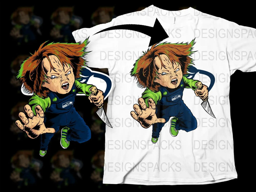 Chucky in Seattle Seahawks gear holding knife, printed on white t-shirt, DTF/DTG design