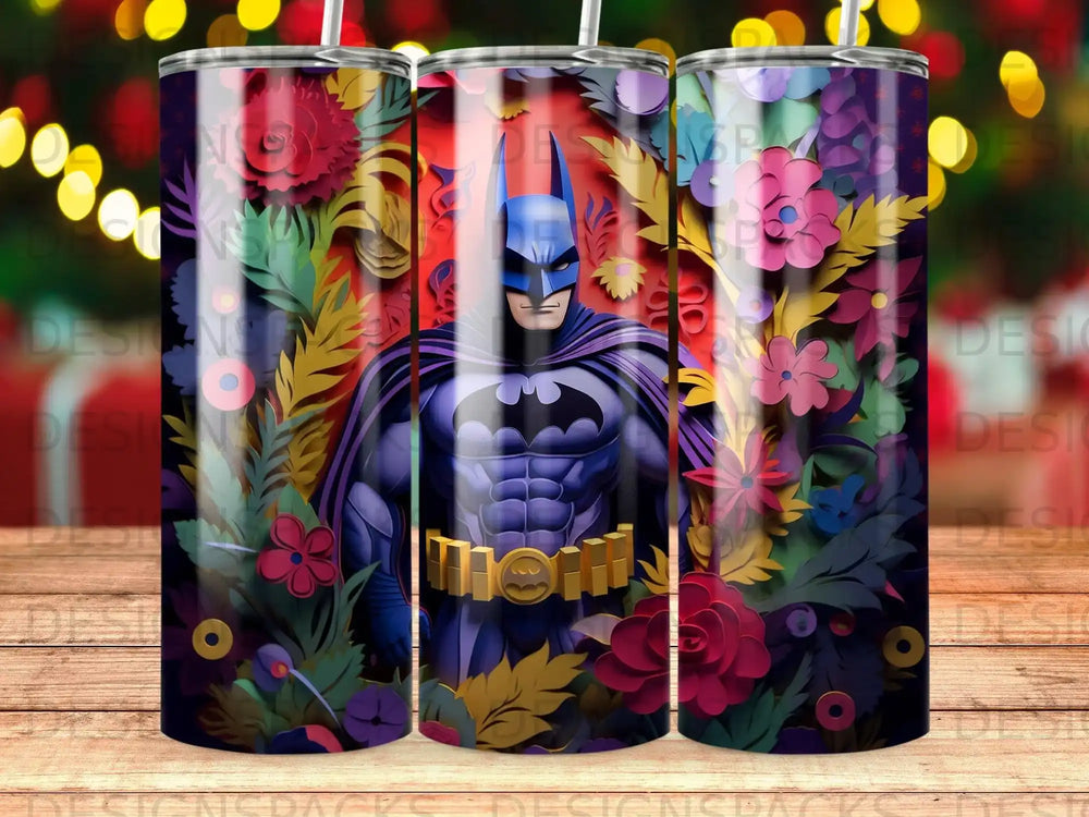 Batman standing amongst colorful floral designs.