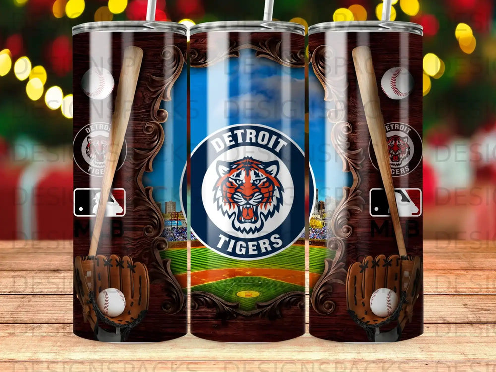 Detroit Tigers logo and baseball gear on a tumbler.