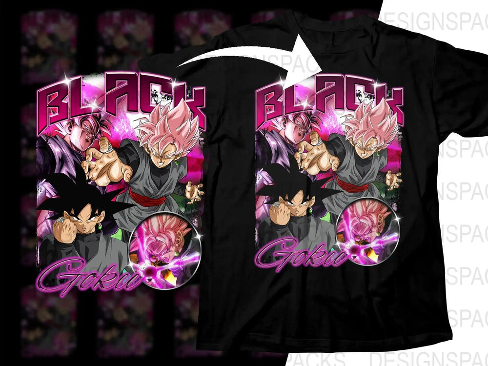 Black Goku t-shirt design with pink hair, 'BLACK Goku' text, and anime graphics for DTF/DTG printing