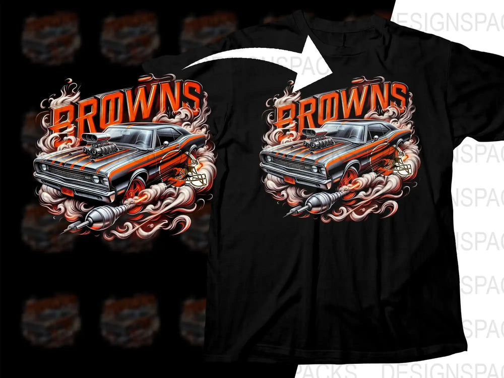 Browns muscle car t-shirt design with flames and football helmet, print-ready graphic