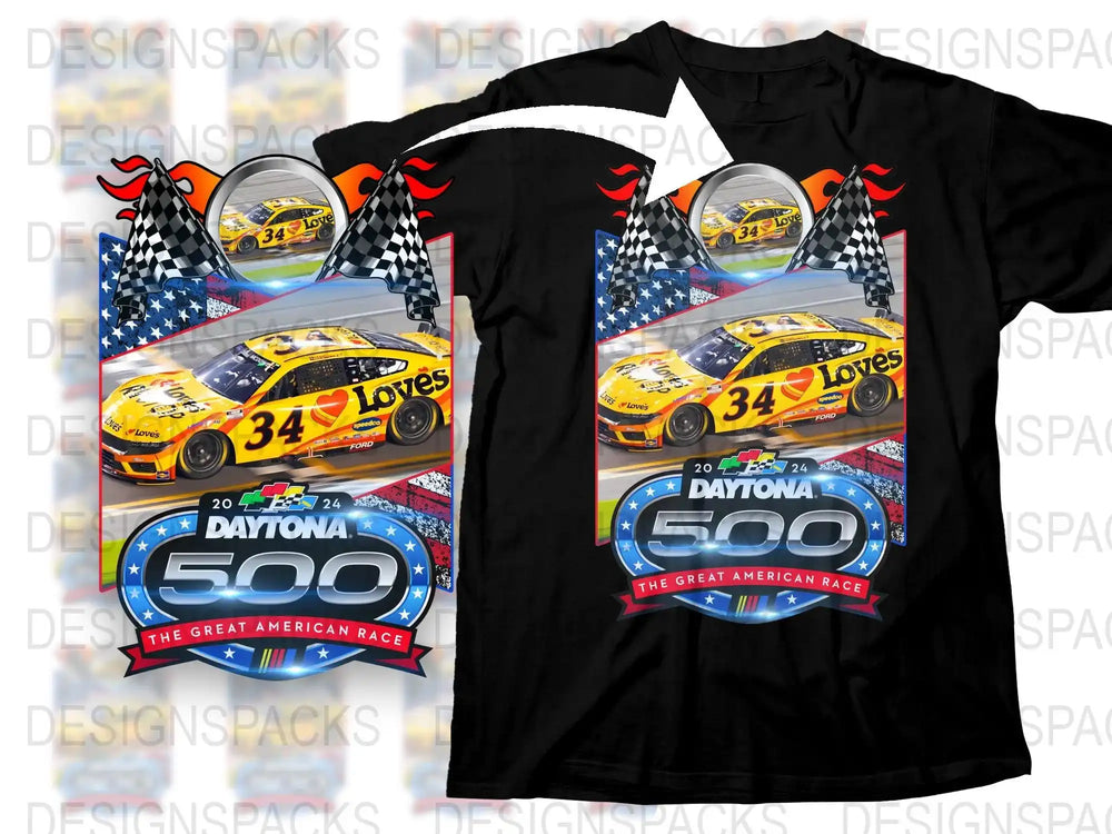 Daytona 500 racing car t-shirt design with checkered flags and American theme