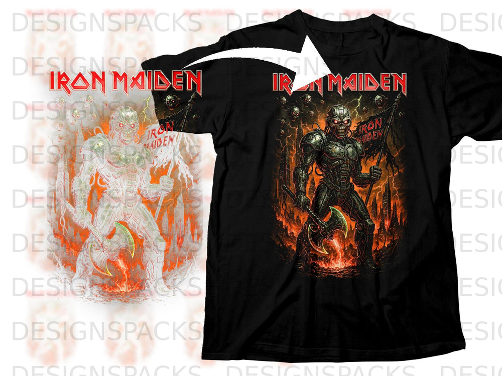 Black t-shirt with Iron Maiden artwork featuring a robotic figure and skulls.