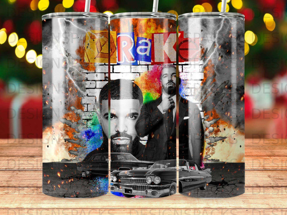 Drake's face superimposed on brick wall with vintage cars and fire.