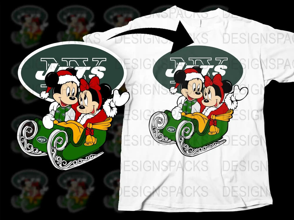 Mickey and Minnie in Jets-themed Christmas sleigh design for t-shirts