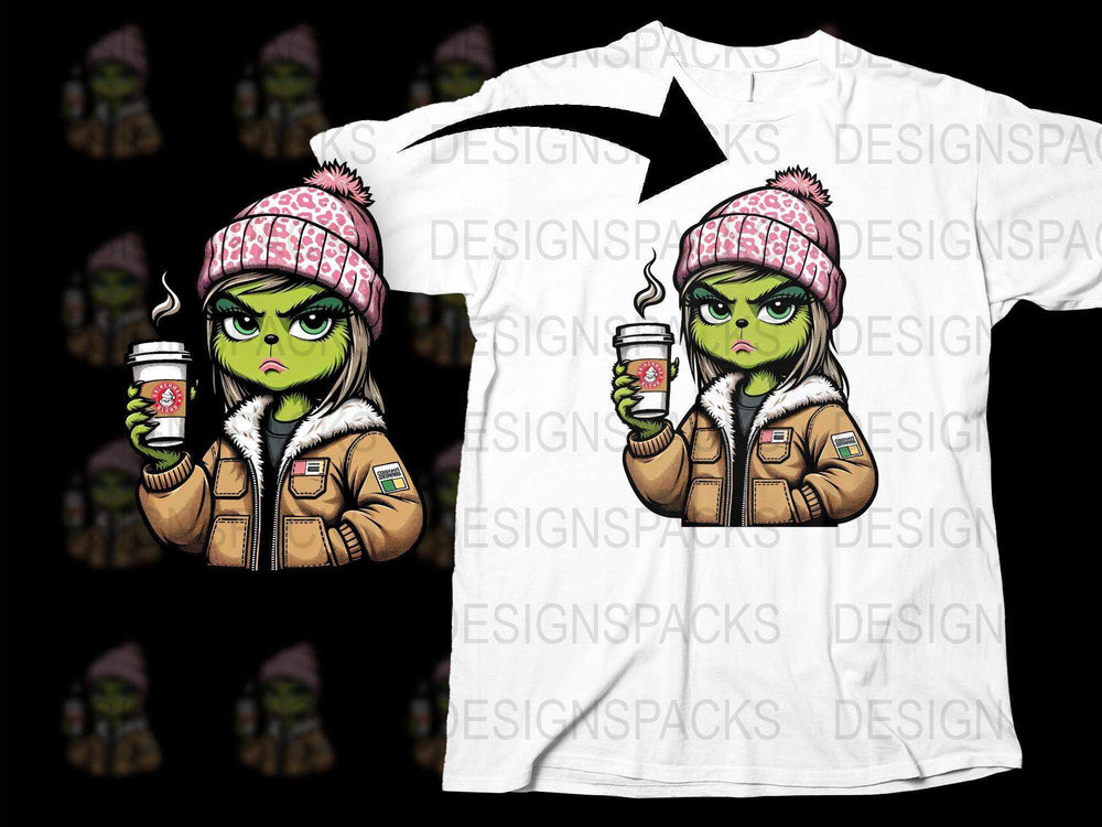 Trendy Zombie Cartoon Character Coffee Lover Graphic T-Shirt, Cool Winter Hat Design