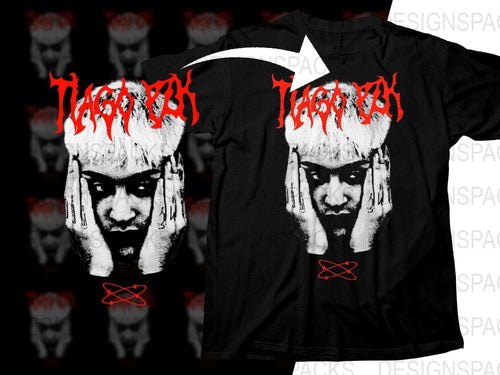 Tiago PZK goth metal band t-shirt design with red text, black shirt, print-ready for DTF DTG