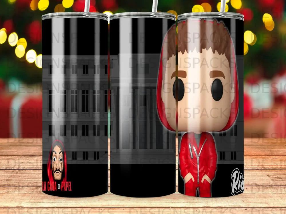 La Casa de Papel mug with character in red jumpsuit and building background.