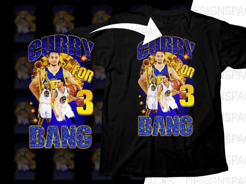 Curry for 3 Bang basketball t-shirt design with glitter text and player graphics