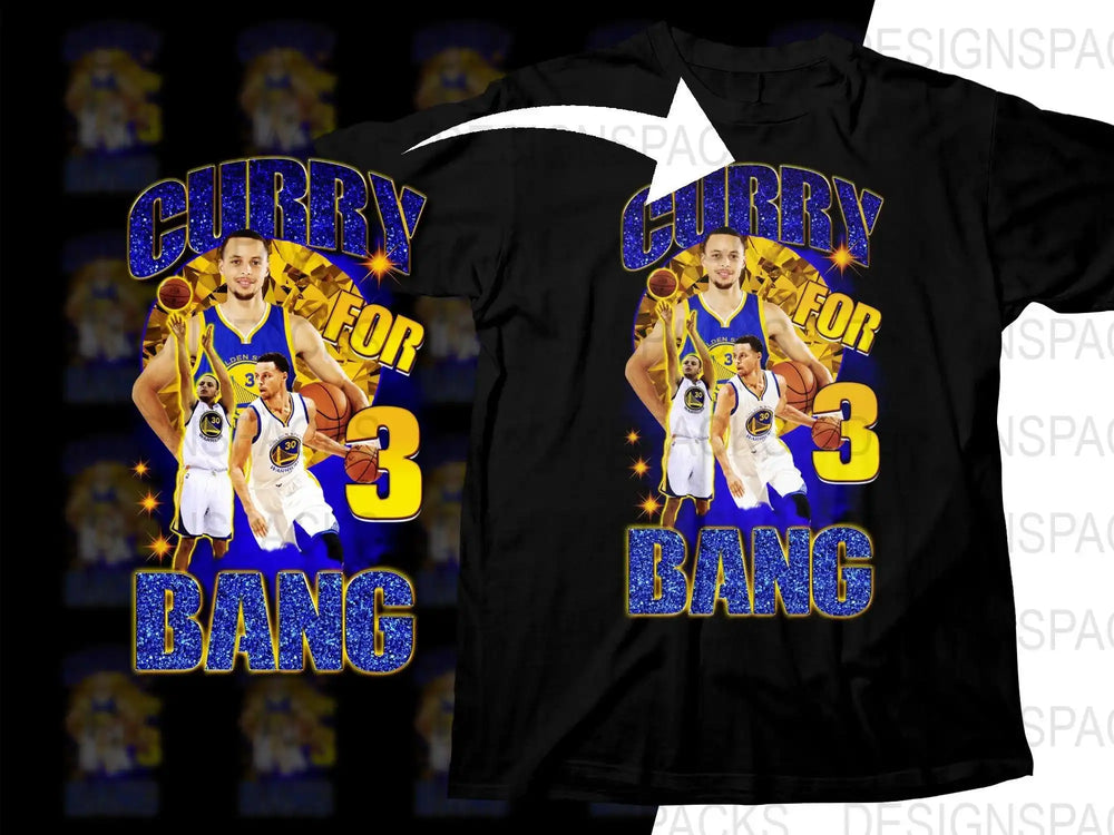 Curry for 3 Bang basketball t-shirt design with glitter text and player graphics