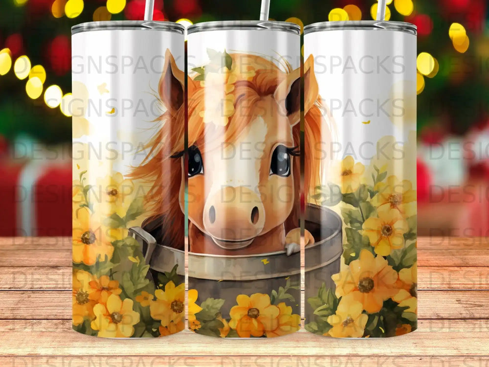 Horse in bucket surrounded by yellow flowers.