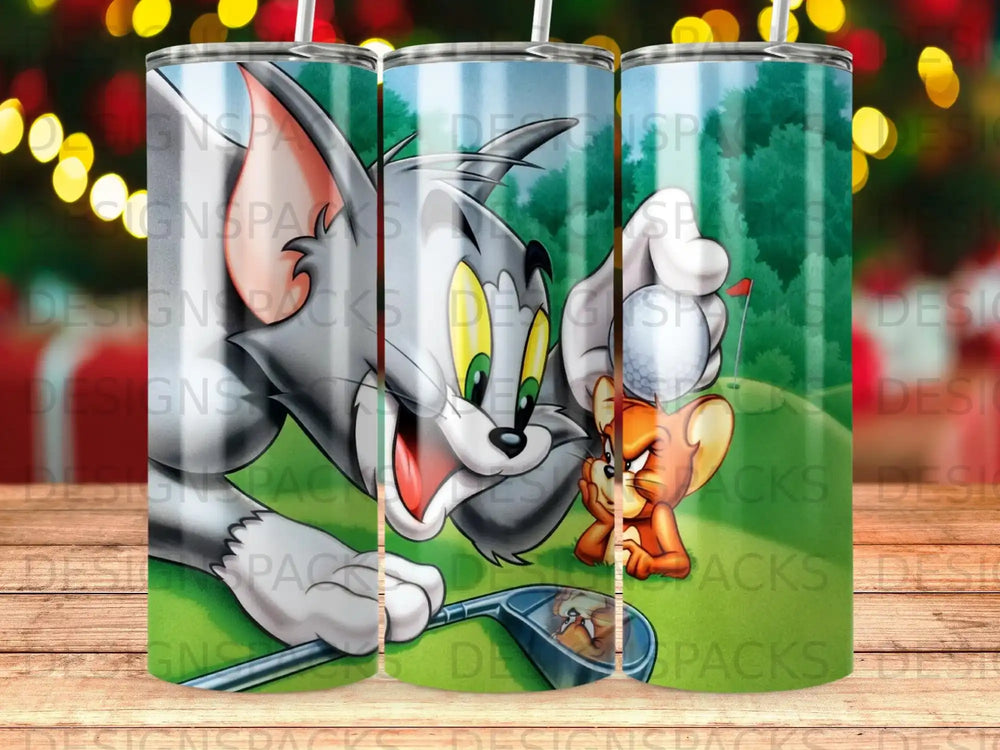 Tom and Jerry playing golf with a golf club and ball.
