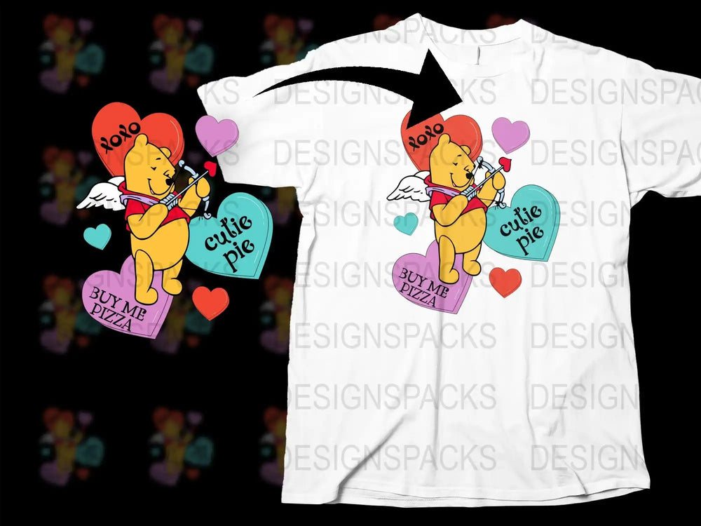 Winnie the Pooh Cupid design with hearts, 'cutie pie' and 'buy me pizza' text for t-shirts