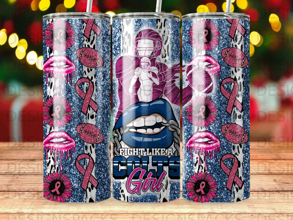 Glittery tumbler with football, lips, and pink ribbons, featuring a football player.