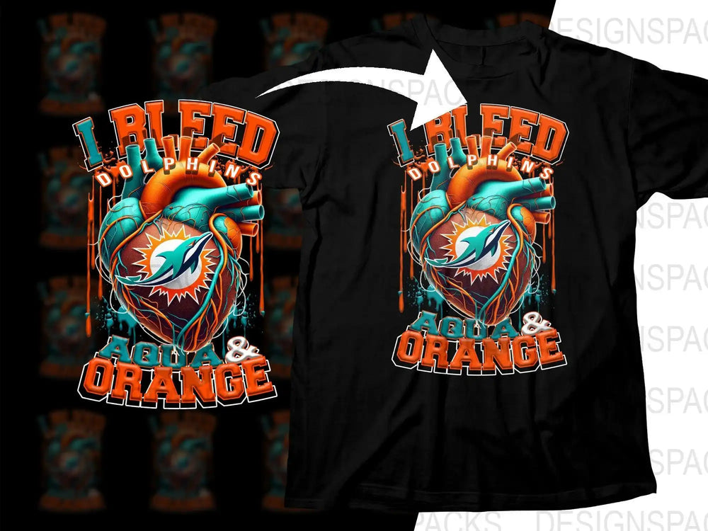 I Bleed Dolphins Aqua & Orange t-shirt design with heart graphic, perfect for DTF/DTG printing