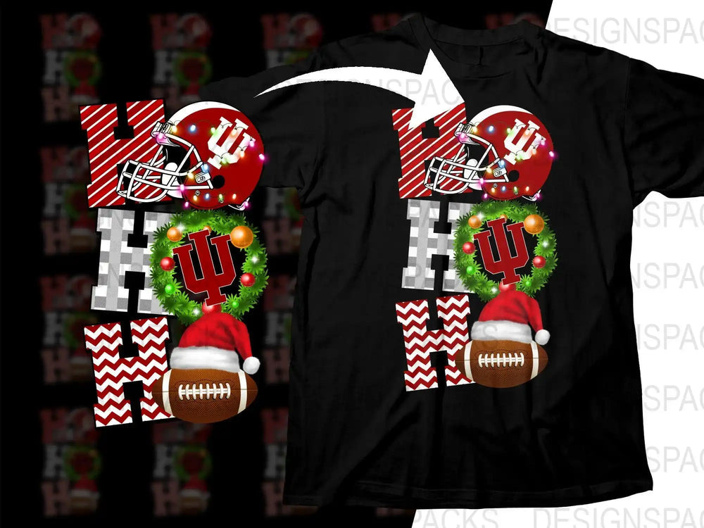 Christmas football design with IU helmet, wreath, Santa hat, and lights for DTF/DTG printing