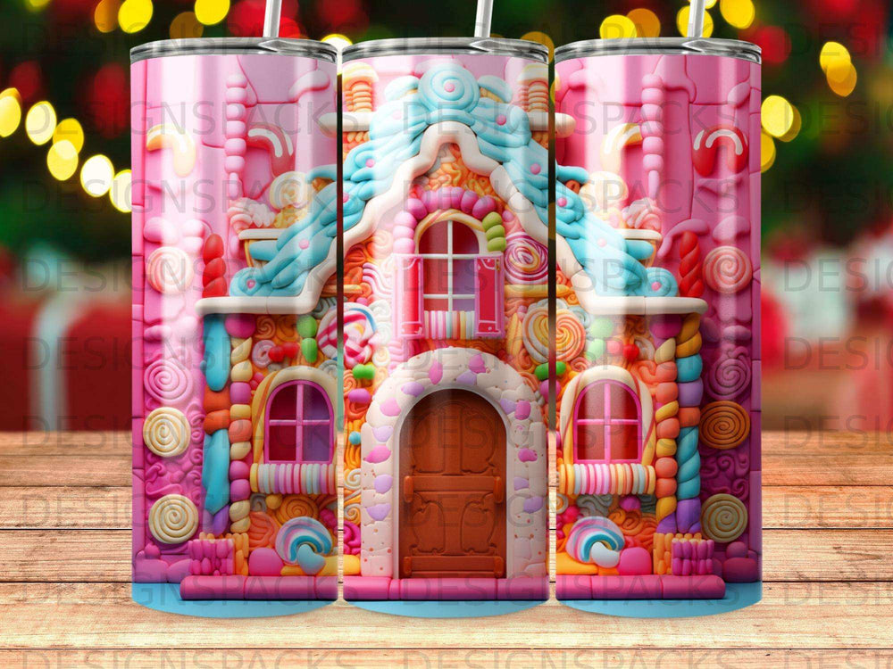 Pink gingerbread house with candy details on a tumbler.