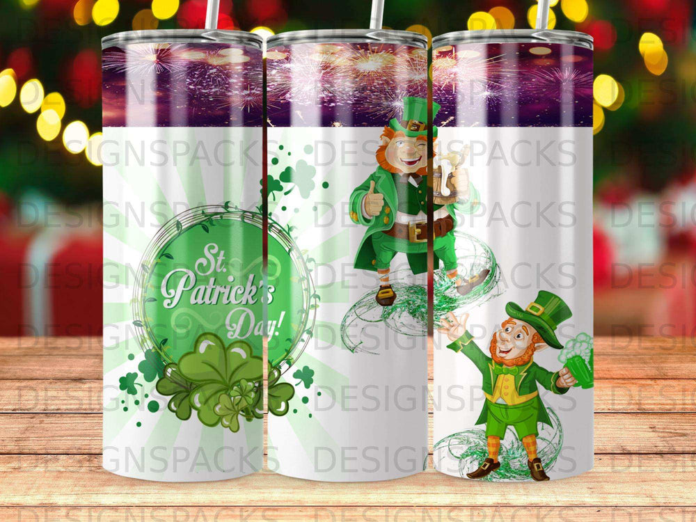 St. Patrick's Day tumbler with leprechauns and shamrocks.