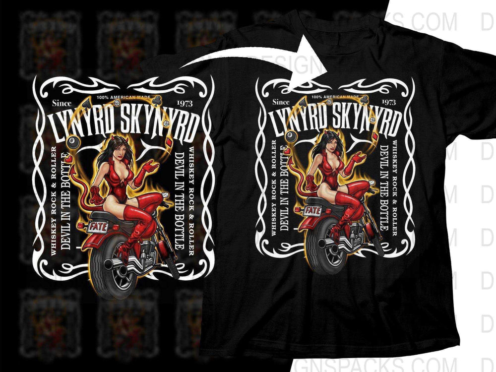 Lynyrd Skynyrd Devil in the Bottle t-shirt design with red devil woman on motorcycle