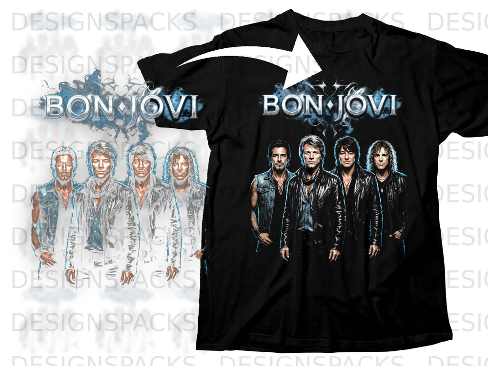 Black t-shirt featuring the band Bon Jovi with a graphic print on the front.