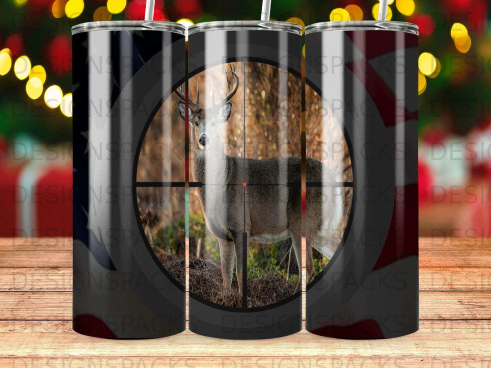 Deer in crosshairs with American flag background on tumbler.