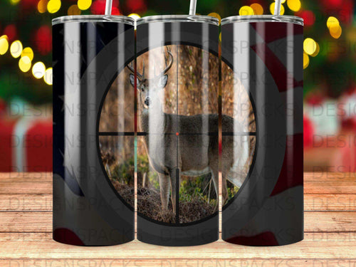 Deer in crosshairs with American flag background on tumbler.