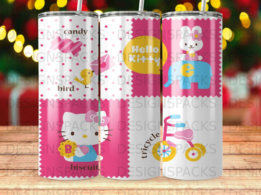 Three tumblers with Hello Kitty, candy, bird, and bicycle designs.