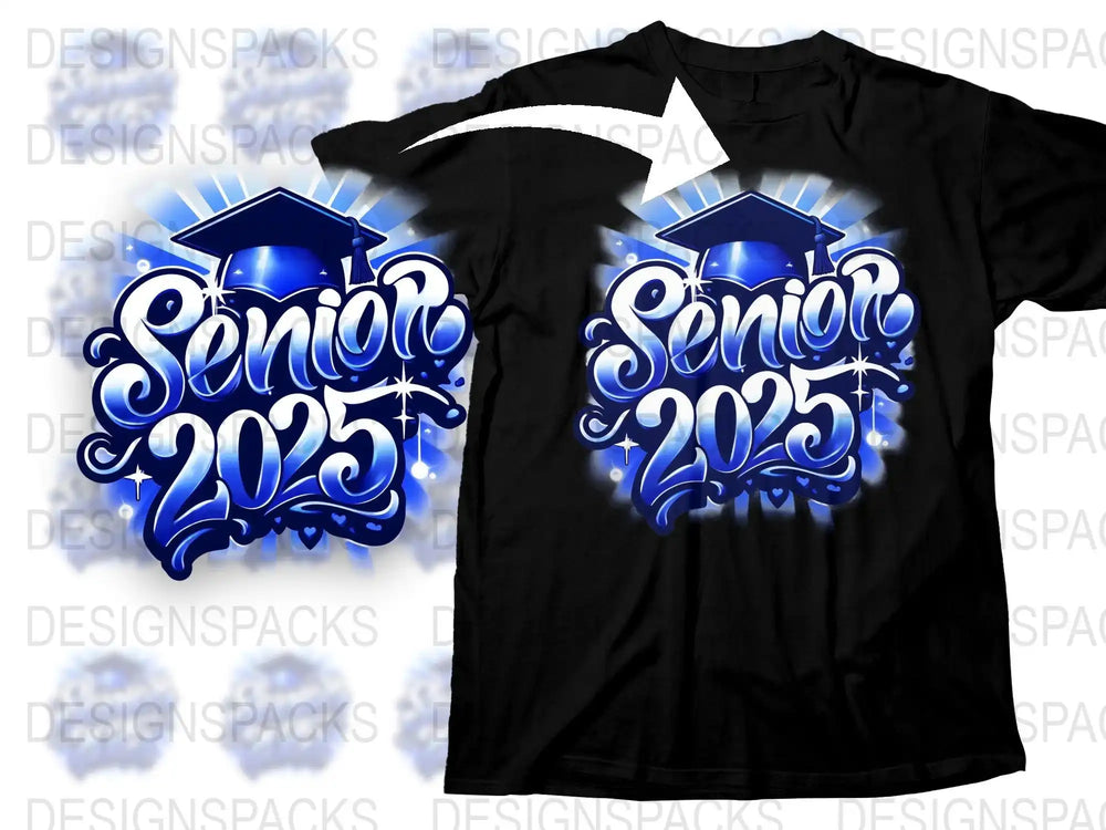 Senior 2025 graduation design with blue cap, print-ready for t-shirts, DTF/DTG, SVG, PNG
