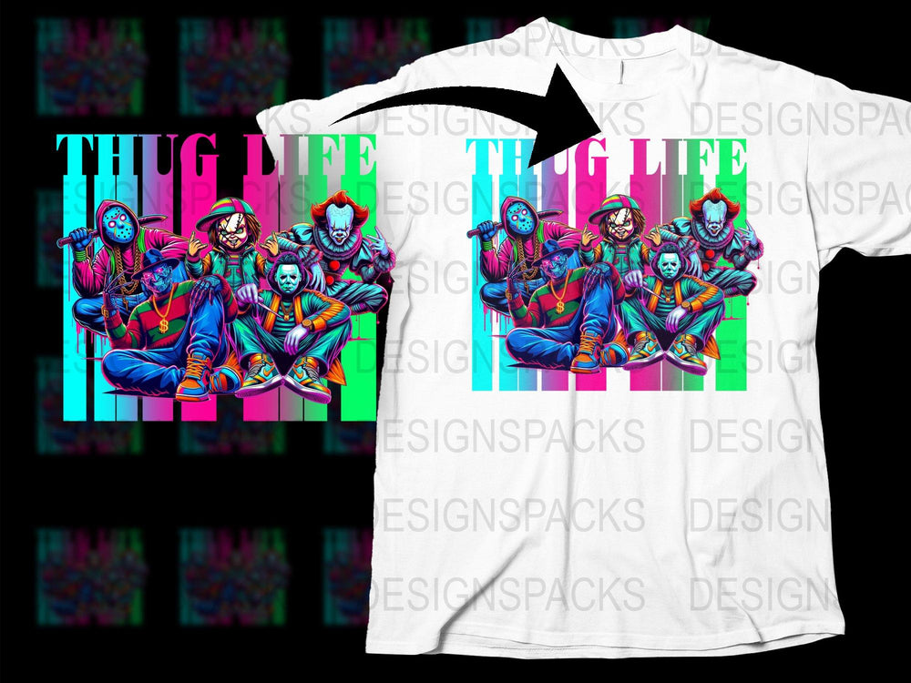 Thug Life Colorful Graphic T-Shirt, Urban Streetwear, Hip Hop Skeleton Design, Vibrant All-Over Print Tee