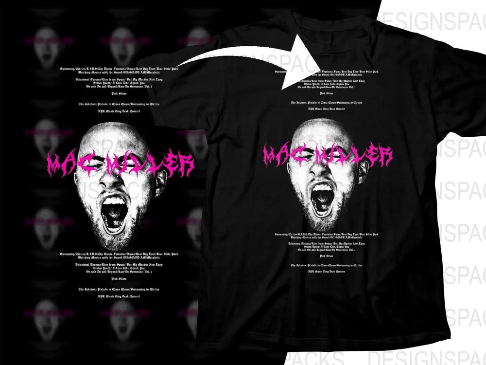 Mac Miller t-shirt design with pink graffiti text, black-and-white face print, and song list for DTF/DTG printing