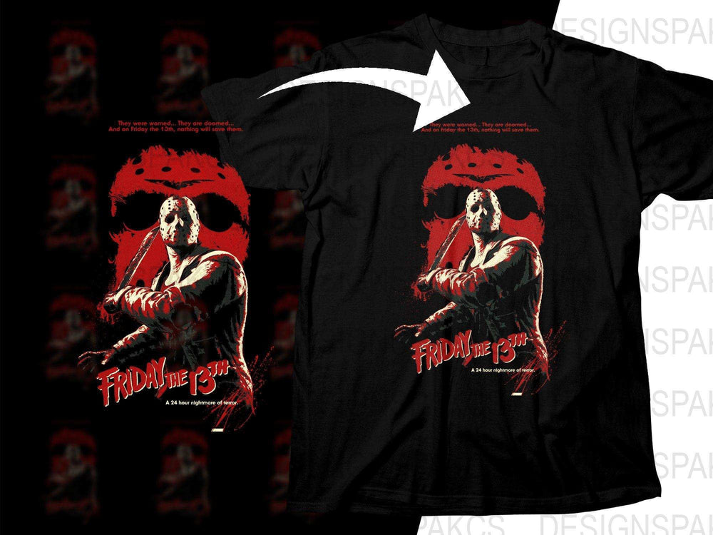 Friday the 13th horror movie t-shirt design with Jason Voorhees, red and black print, perfect for DTF/DTG printing.