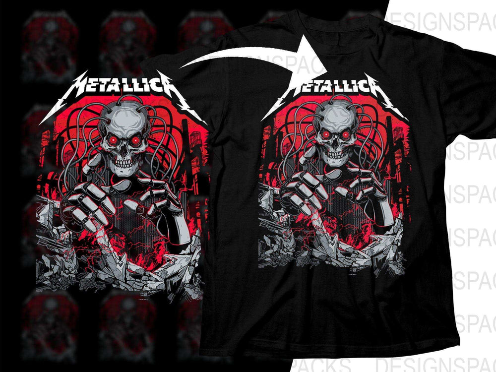 Metallica t-shirt design with robotic skull, red eyes, and industrial background for DTG printing
