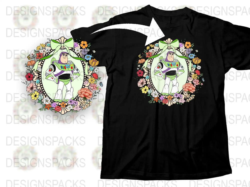 Buzz Lightyear floral wreath design for t-shirt, print-ready PNG, DTF/DTG bundle