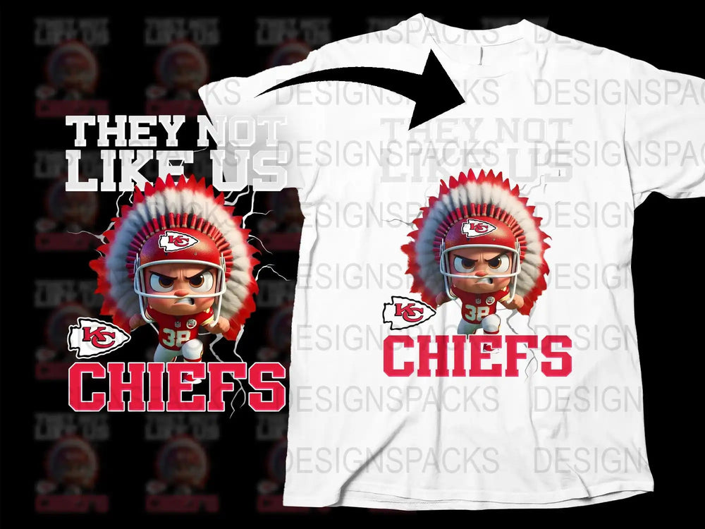 Kansas City Chiefs football design on white t-shirt with cartoon player and bold text