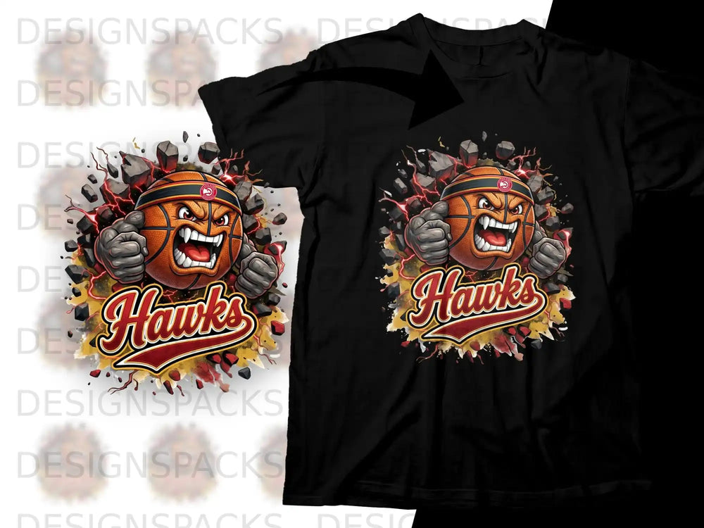 Atlanta Hawks basketball mascot with fierce expression on black t-shirt.