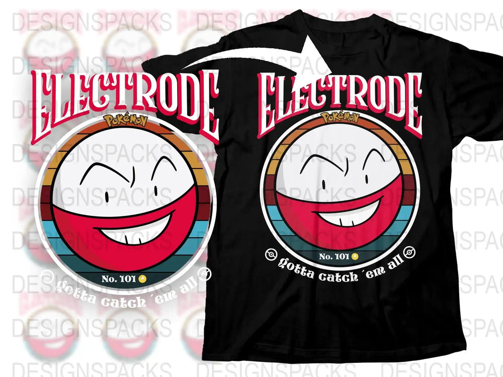Electrode Pokémon design on black t-shirt, No. 101, gotta catch 'em all, print-ready graphic