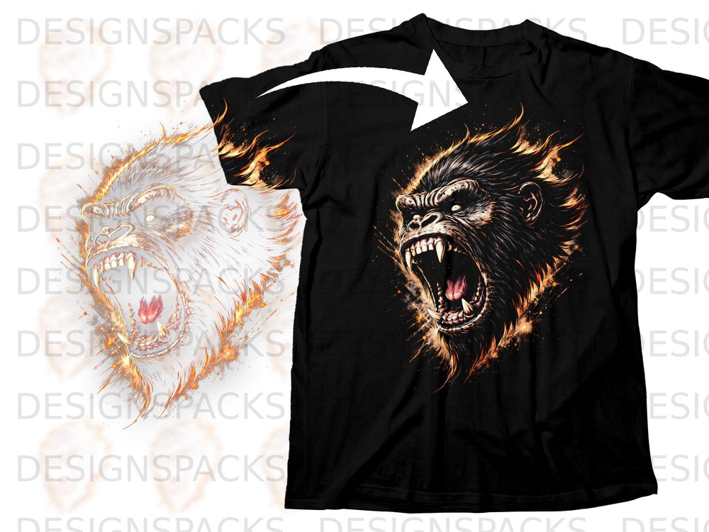 Black t-shirt featuring a roaring ape with fiery mane, displayed on a white background.