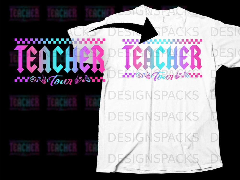 "Teacher Tour" text with rainbow gradient and decorative elements on a white t-shirt.