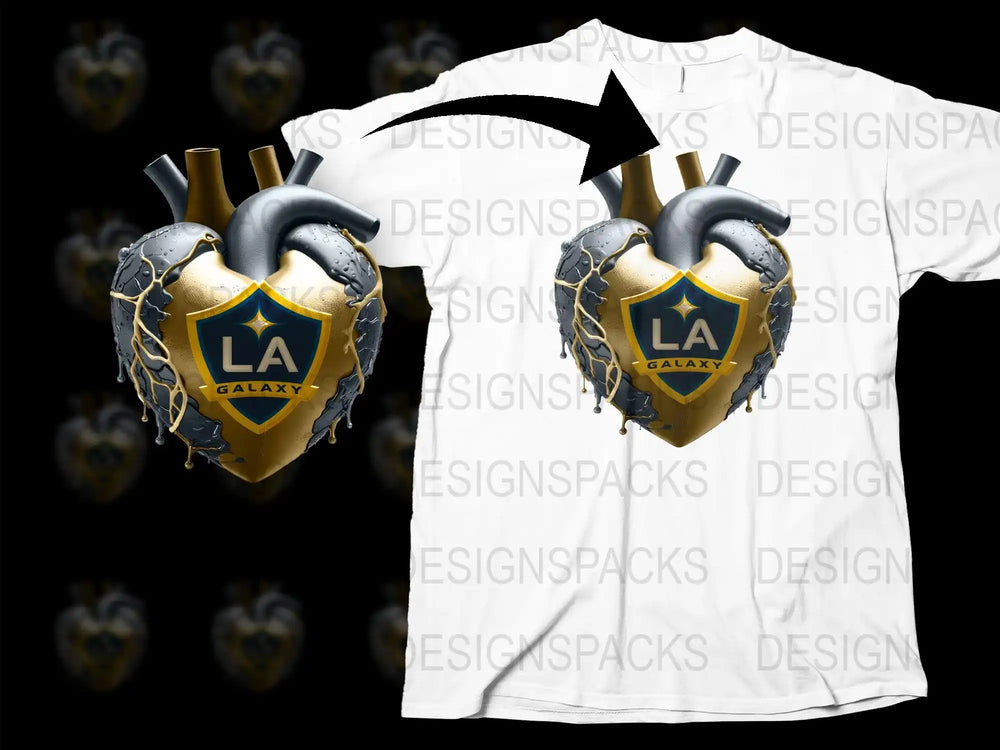 LA Galaxy heart design on white t-shirt, print-ready graphic for DTG/DTF