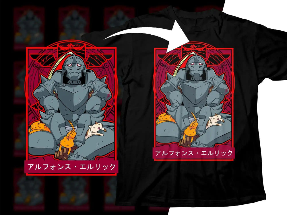 Alphonse Elric anime t-shirt design with cats, print-ready for DTG or DTF